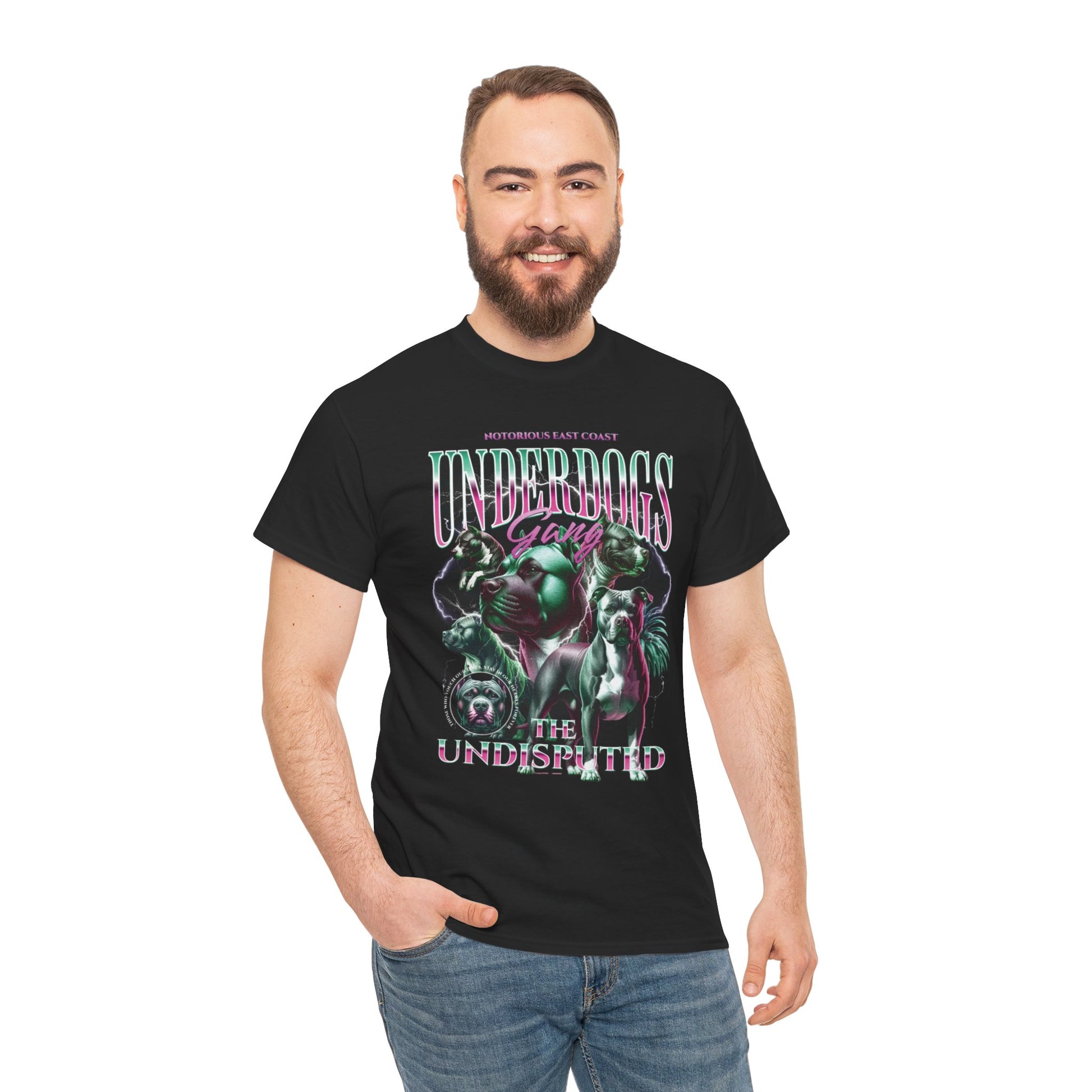 a person wearing black t-shirt with graphic "underdogs, the undisputed" with dogs.