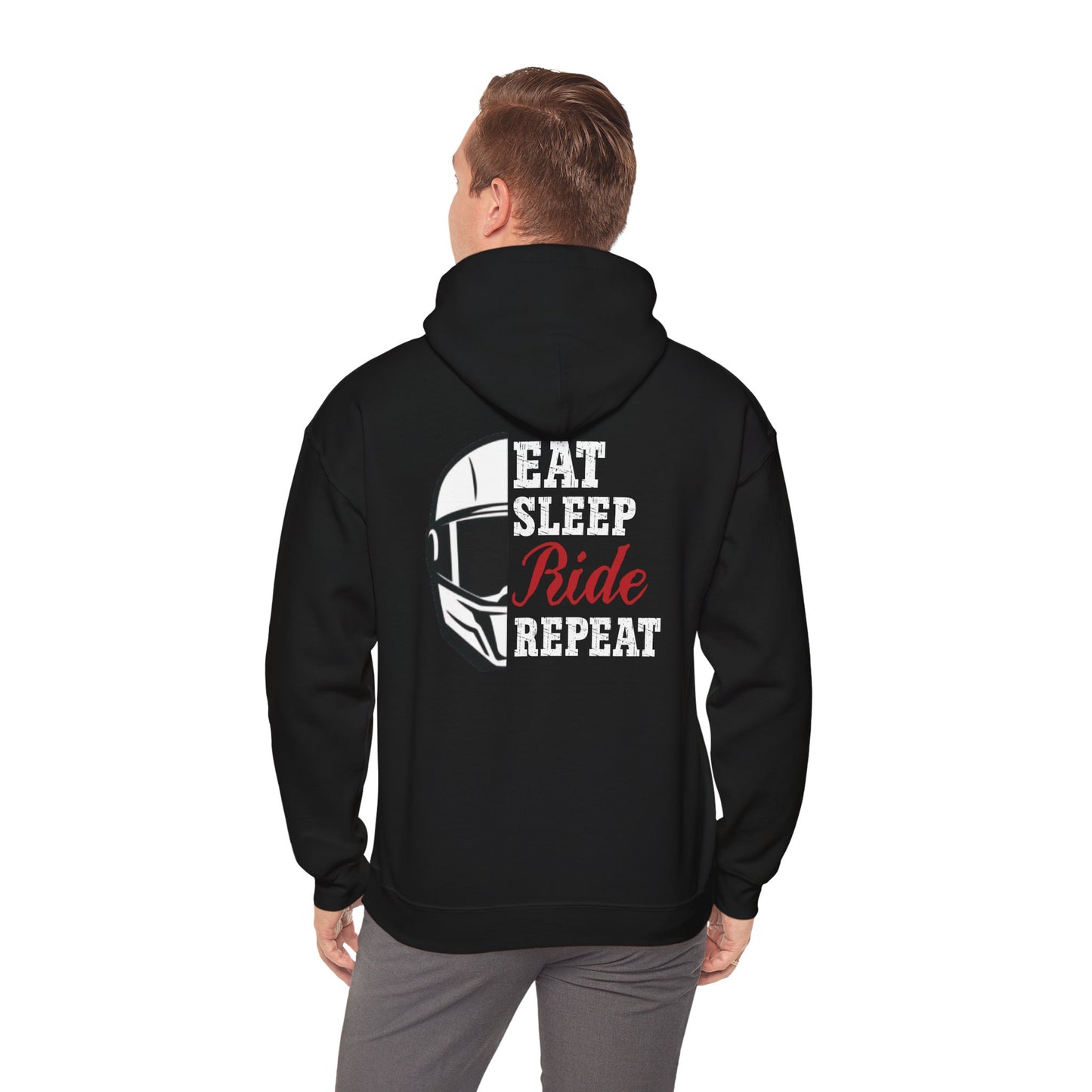 person wearing eat sleep ride repeat black hoodie