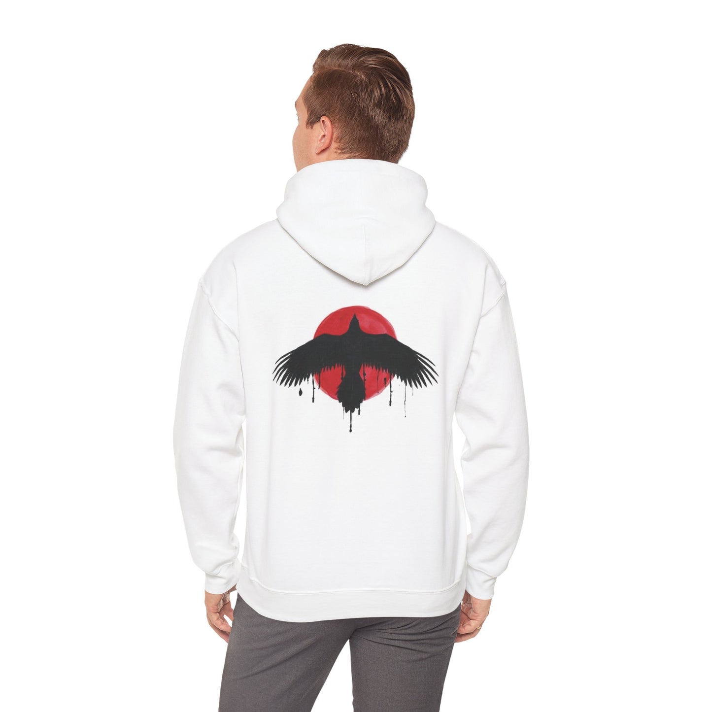 man wearing white hoodie with eagle on the back