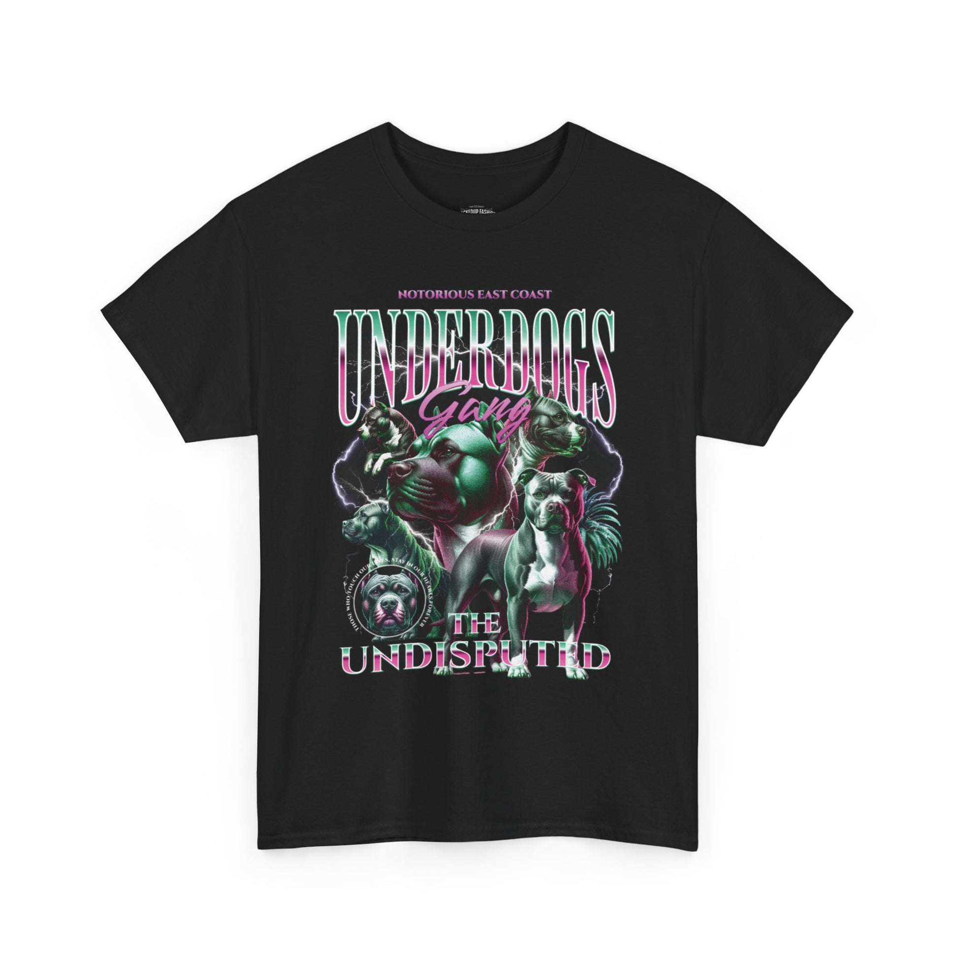 black t-shirt with graphic "underdogs, the undisputed" with dogs.