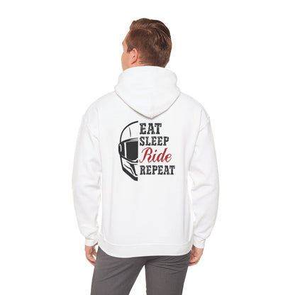 person wearing eat sleep ride repeat white hoodie