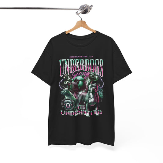 black t-shirt with graphic "underdogs, the undisputed" with dogs on a hanger