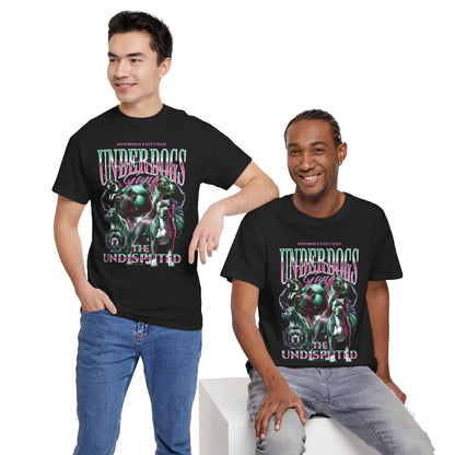 two guys wearing black t-shirt with graphic "underdogs, the undisputed" with dogs.